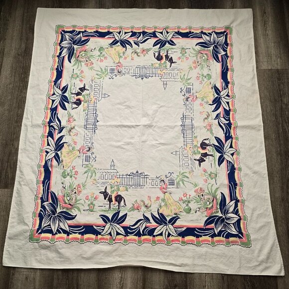 Vintage Tablecloth 1940s 1950s Table Linens 45x51 Spanish Scene Donkey Flamenco